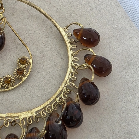 Large Statement Gold Hoop Earrings with Amber Glass Beads - Picture 7 of 14
